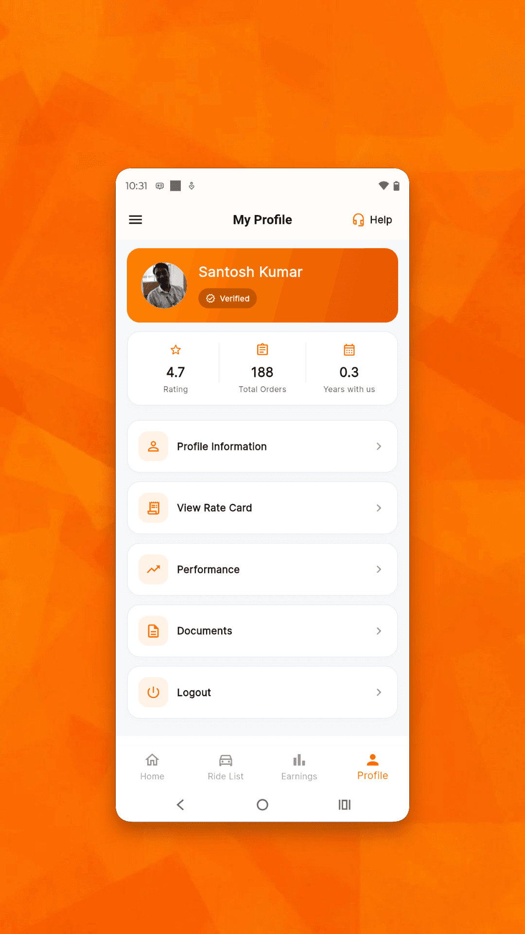 Driver profile screen with ratings, profile information, rate card, performance and documents