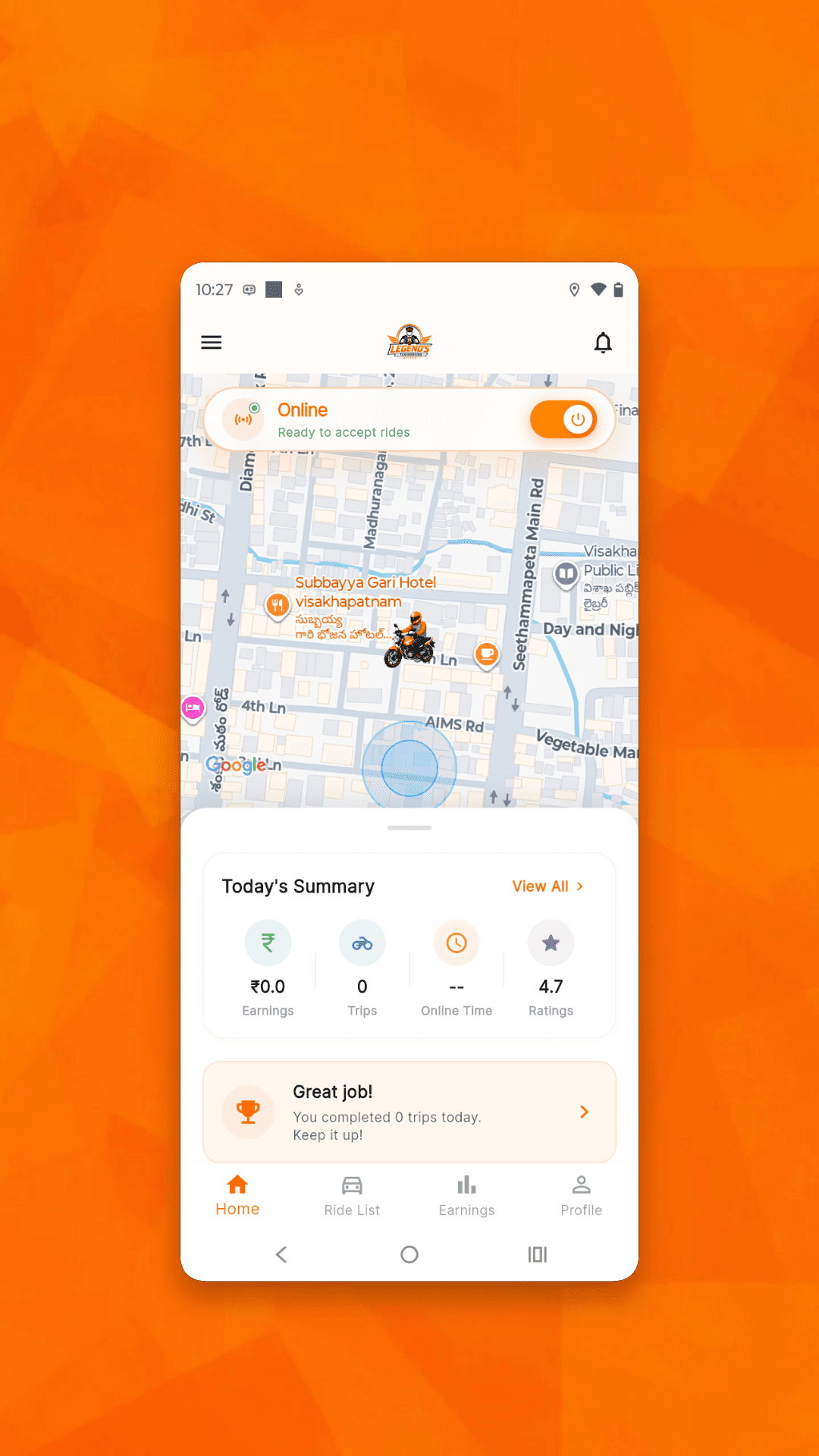 Driver home screen with a live map, online status and daily activity summary