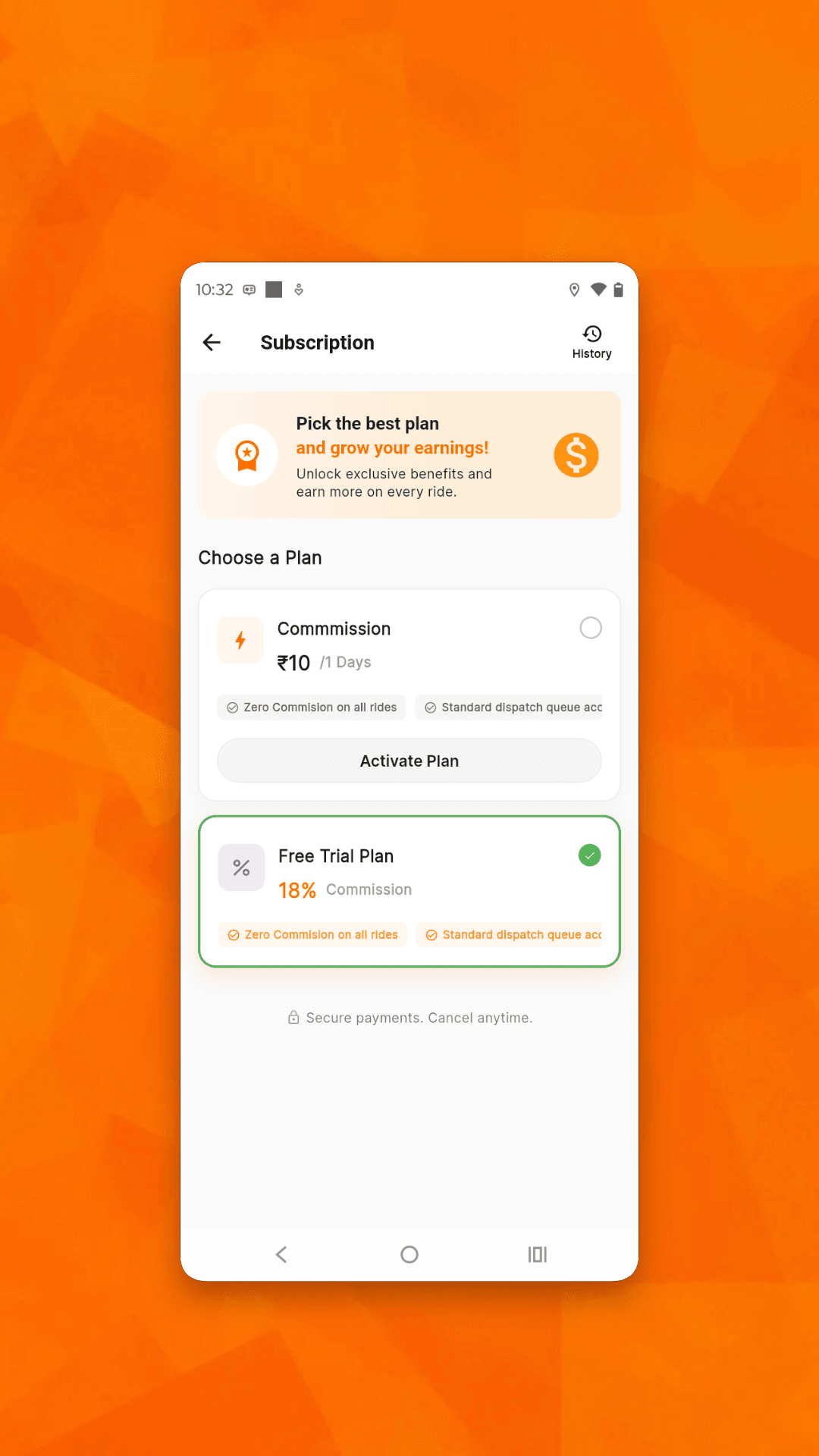 Driver subscription screen displaying available plans and their details