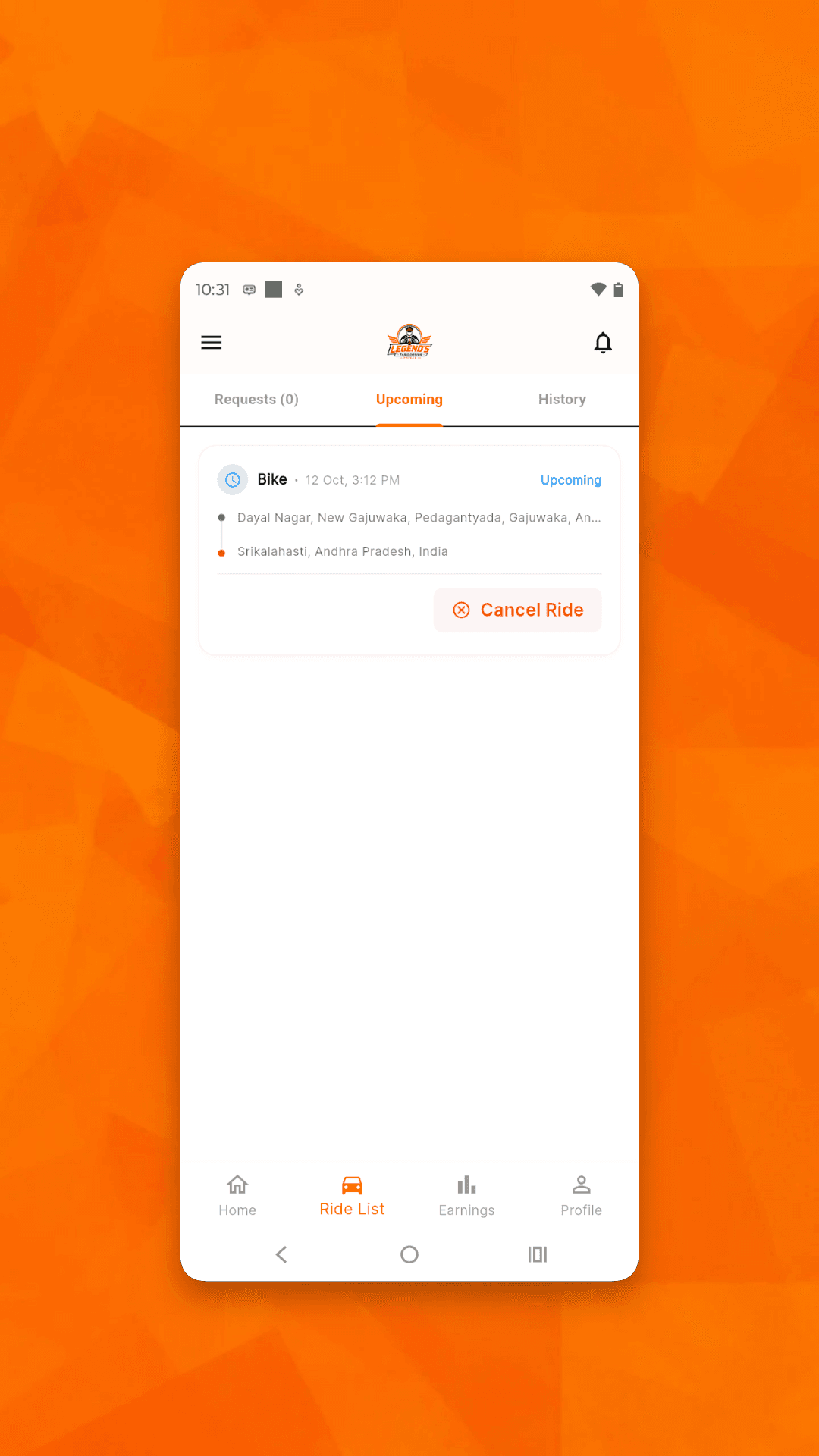 Driver ride list with an upcoming booking and trip details
