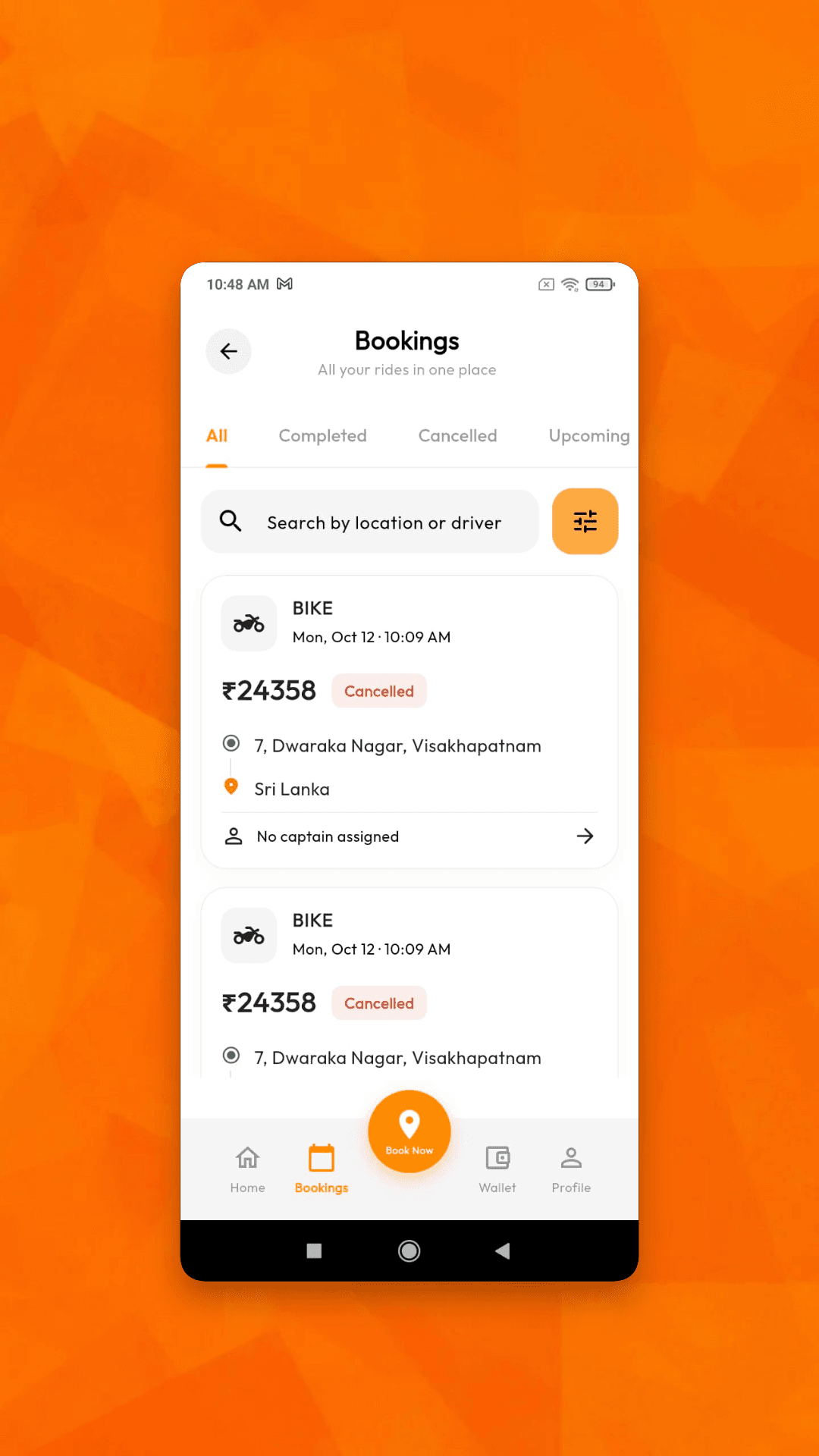 Bookings screen with all, completed, cancelled and upcoming trip filters and ride search