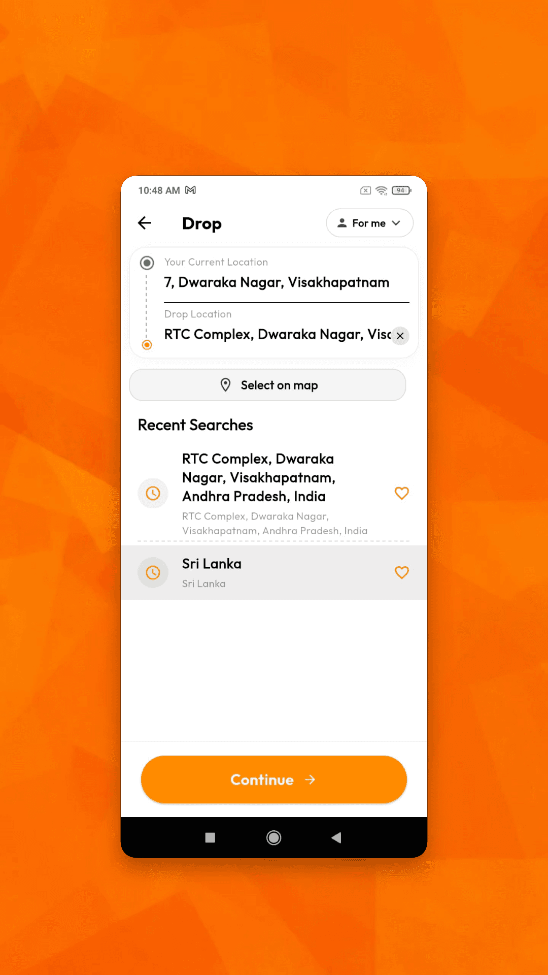 User app destination search with pickup and drop locations, map selection and recent searches