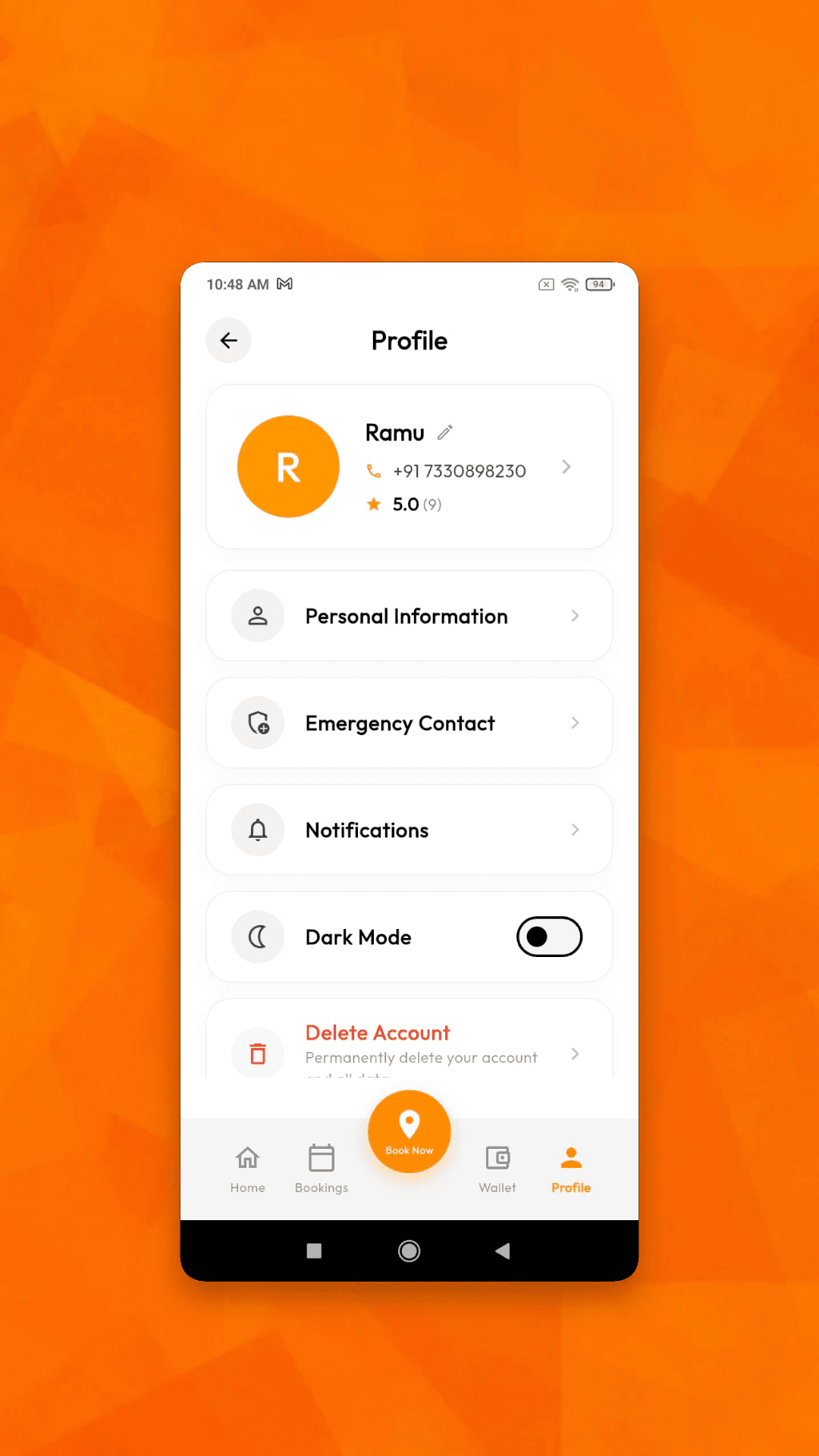 User profile screen with personal information, emergency contact, notifications and dark mode settings
