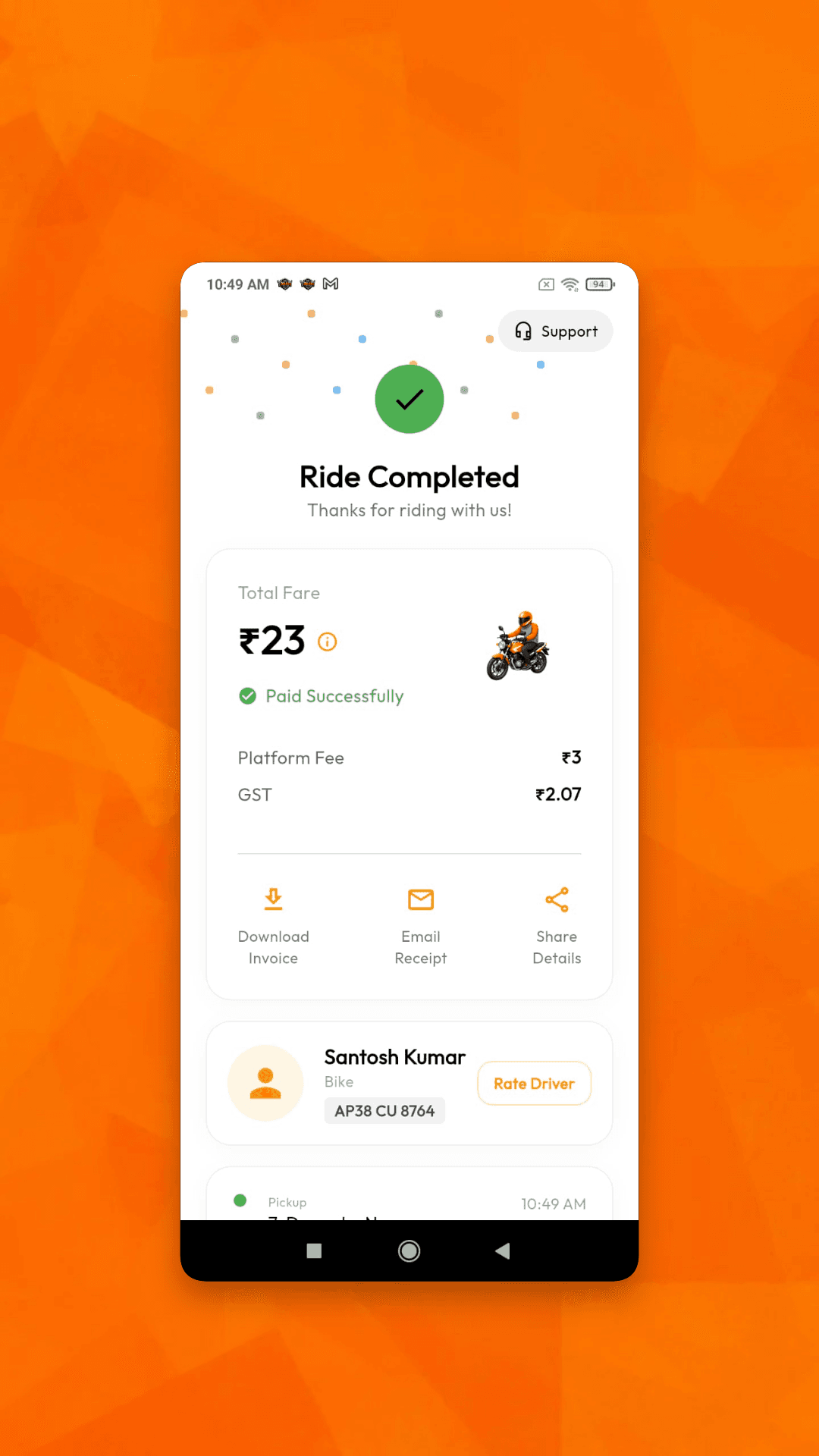 Completed ride screen with payment confirmation, fare breakdown, receipt options and driver rating