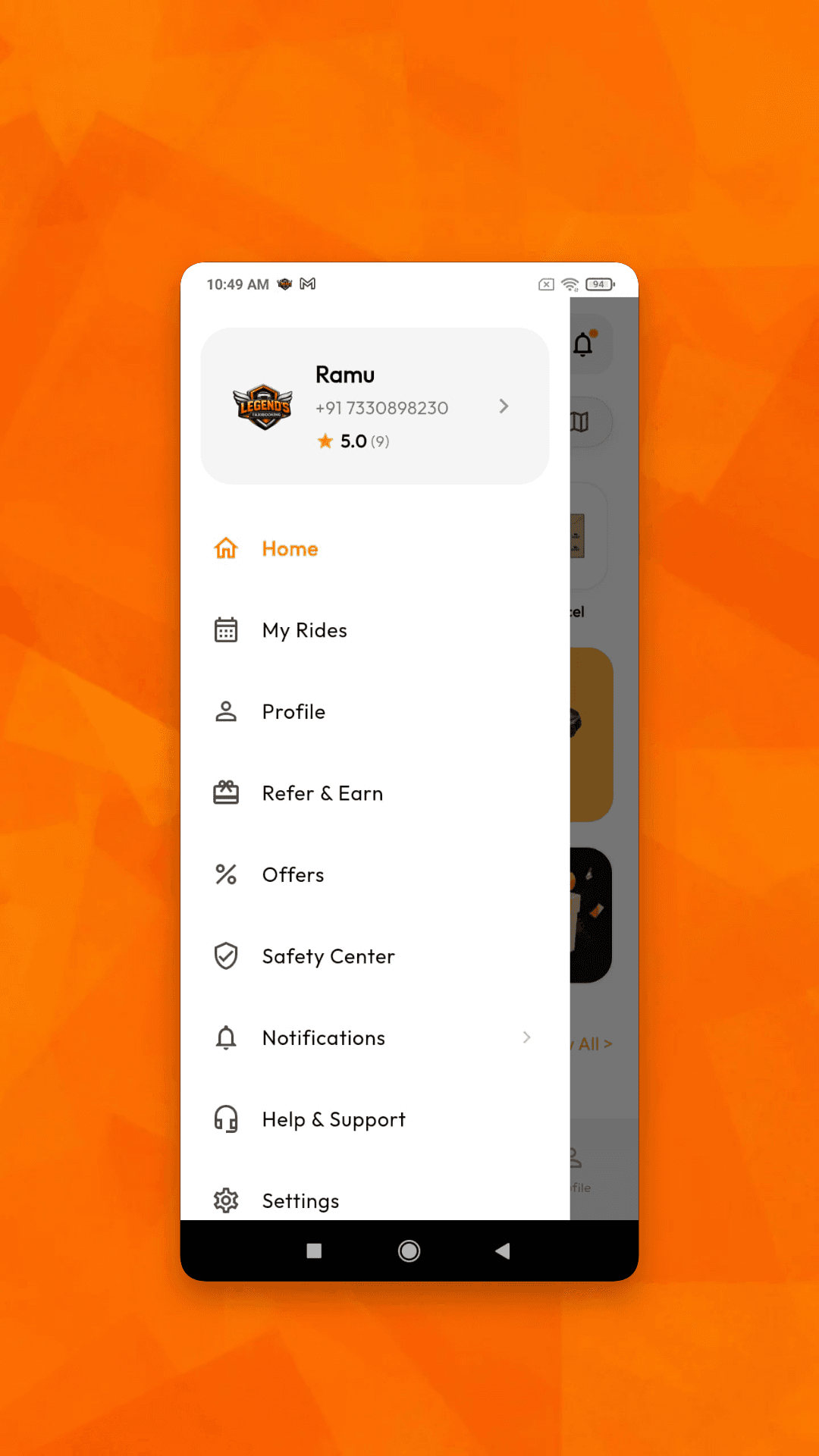 User app menu with rides, profile, refer and earn, offers, safety center, support and settings